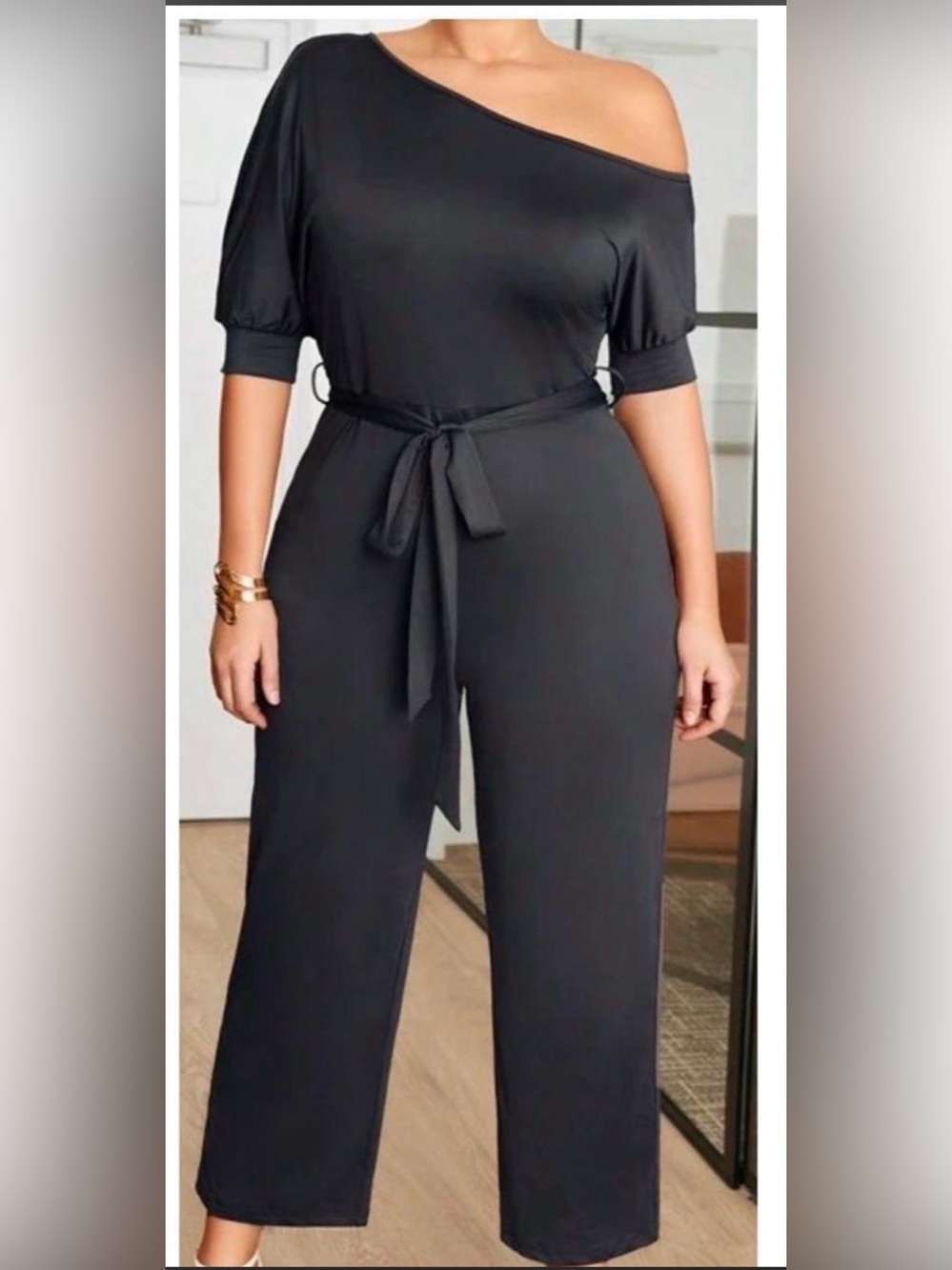 SHEIN Black Short-Sleeve Wide-Leg Jumpsuit with Tie Waist